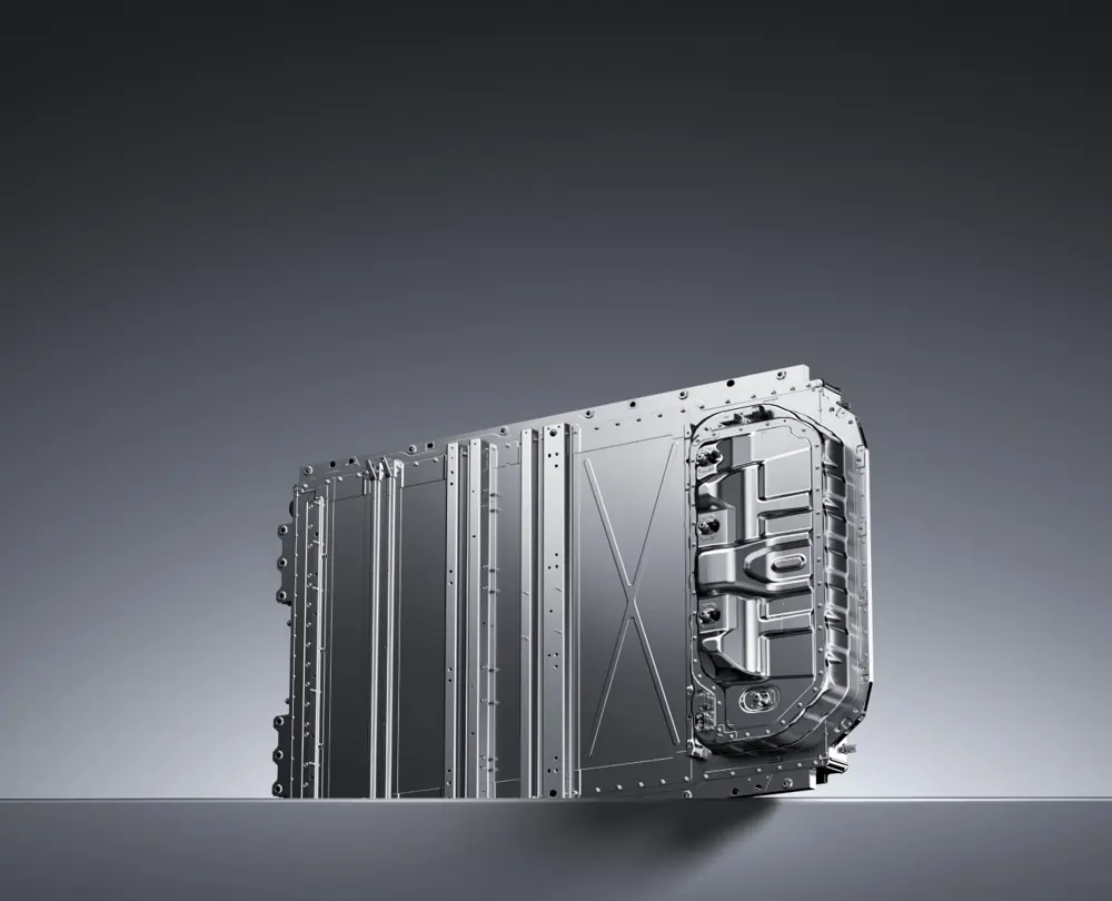 A Xiaomi EV battery pack structure photographed against a grey background