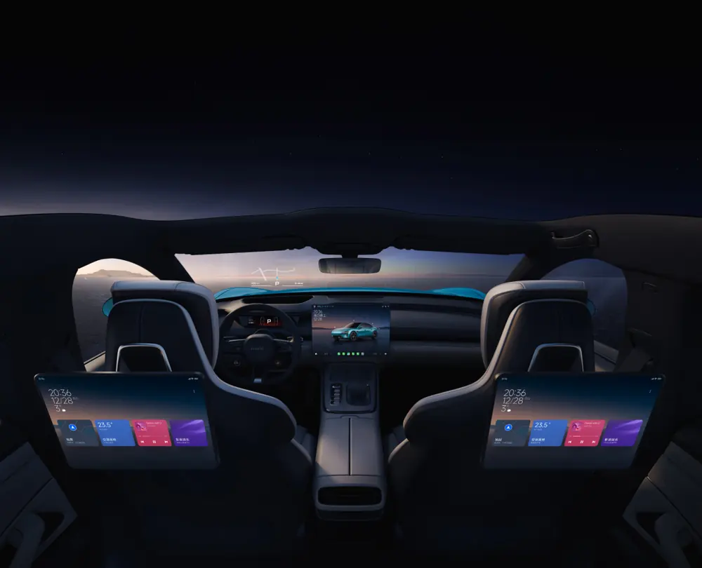 Xiaomi vehicle interior showing the driver display and two rear-seat screens