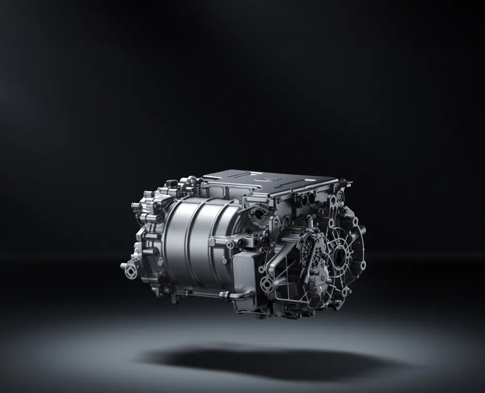 A Xiaomi electric drive unit photographed against a black background