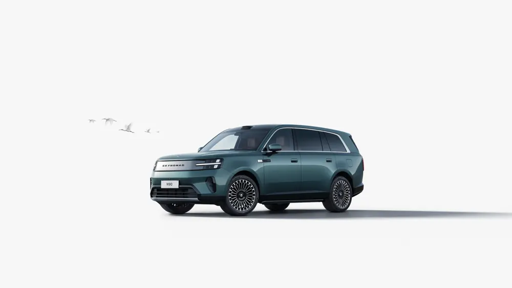 Xiaomi SkyNomad N90, a large green extended-range SUV, front three-quarter view